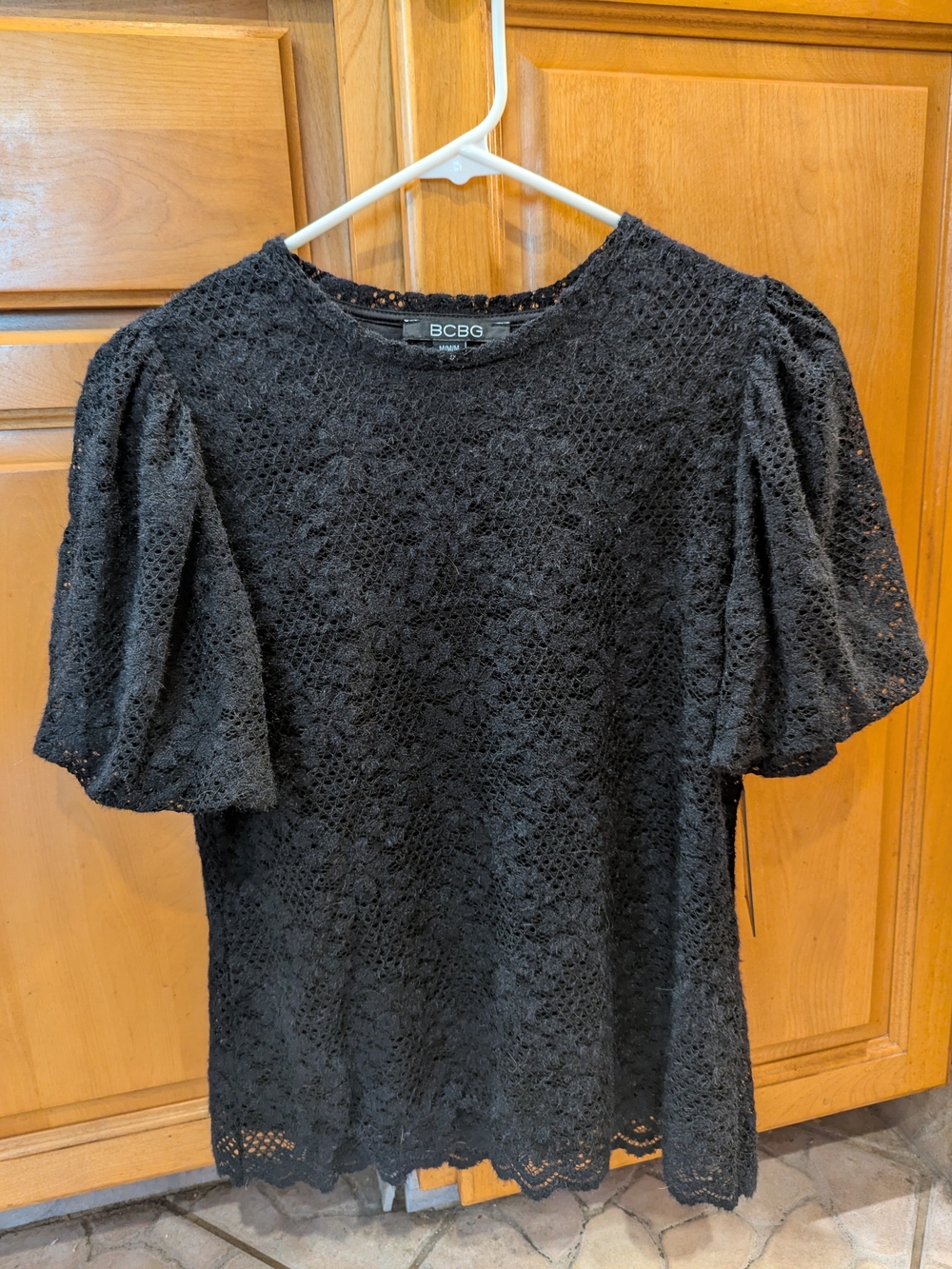 BCBG Black Crochet Puff-Sleeve Lace Top